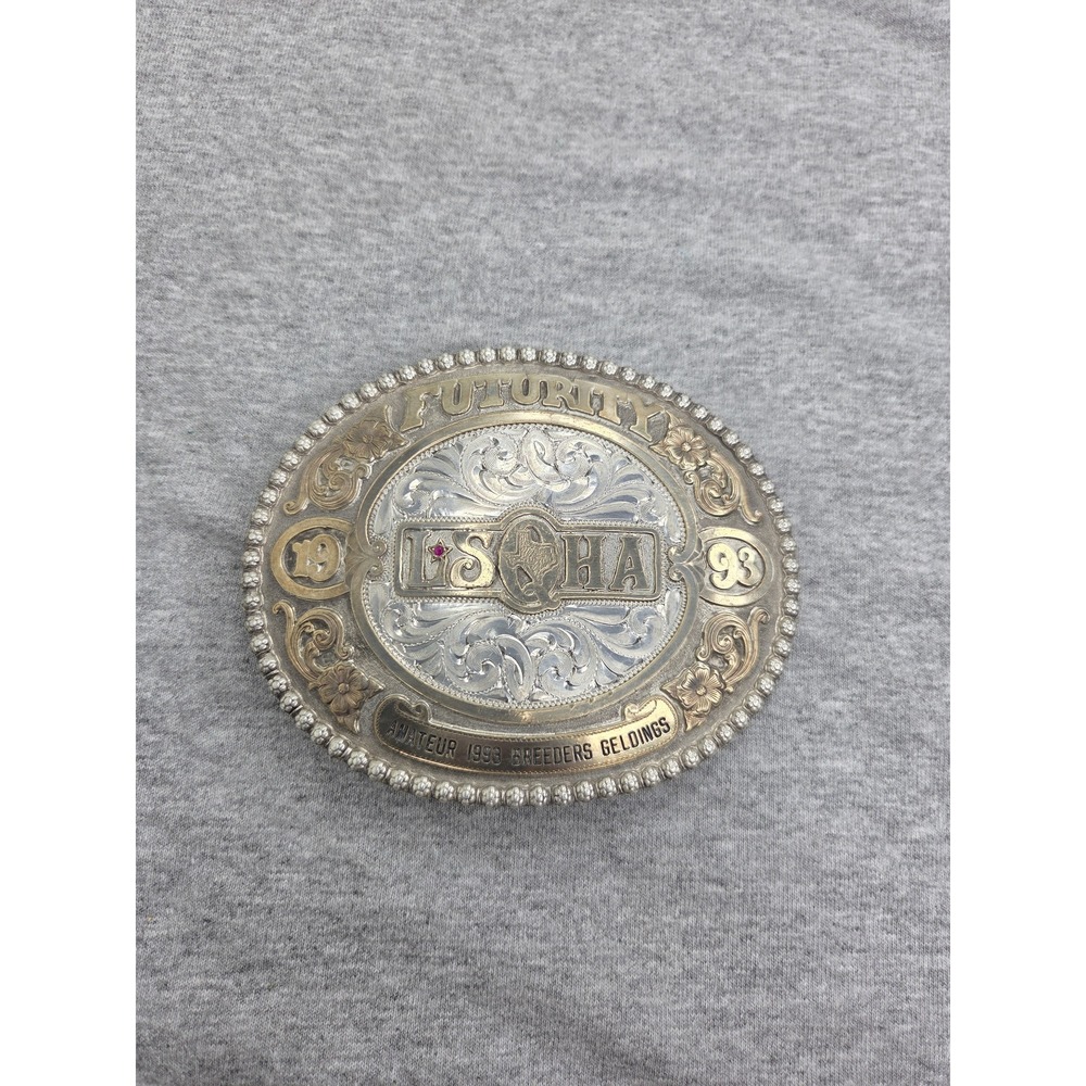 R A Guthrie Sterling Overlay Ruby LSQHA 1993 Rodeo Champion Trophy Belt Buckle